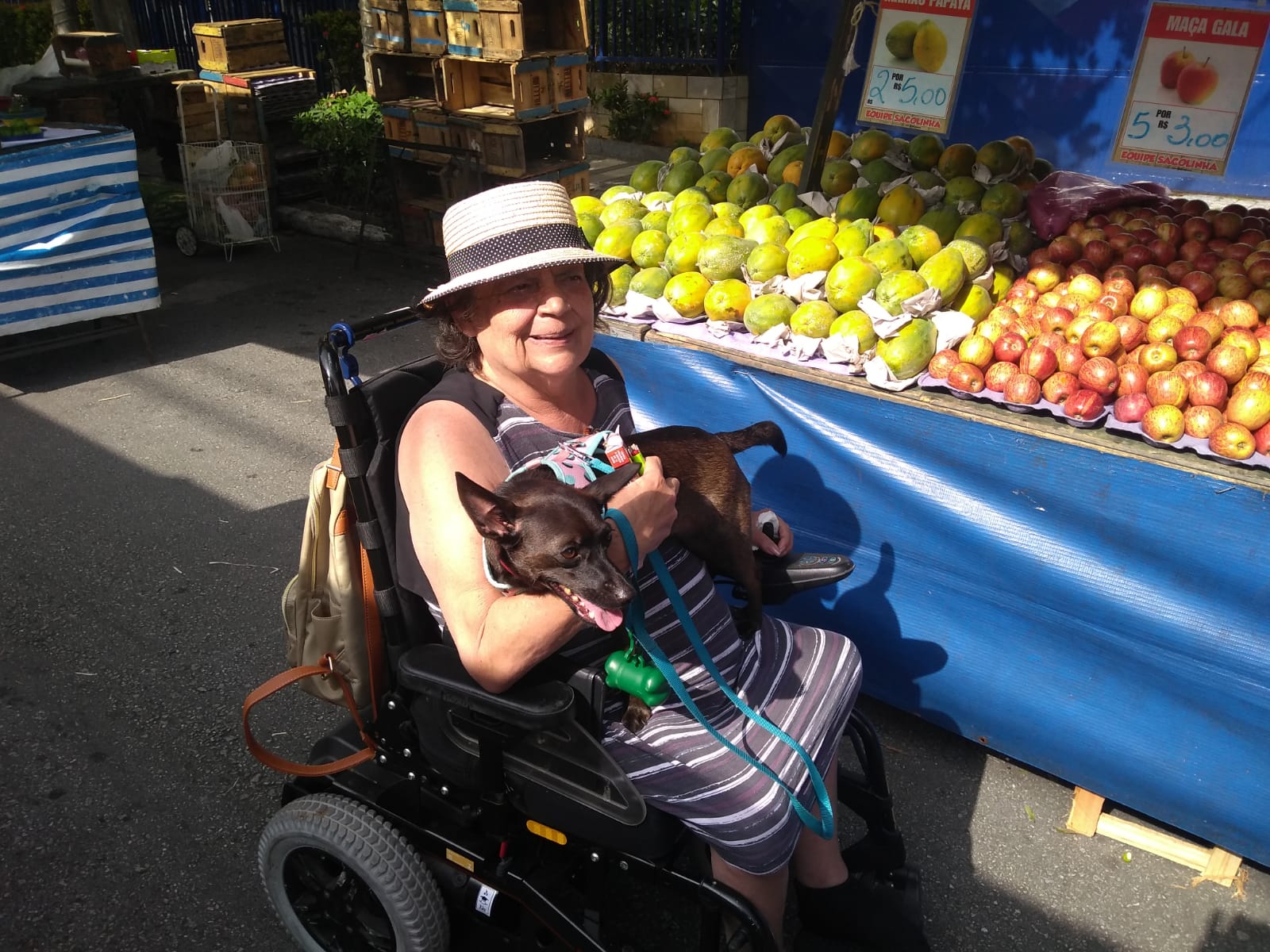 Foto de Flávia Vital, uma mulher branca em uma cadeira de rodas. Ela está sorrindo, usa um chapéu panamá e tem um pequeno cachorro no colo. Ao fundo, há barracas de frutas em uma feira