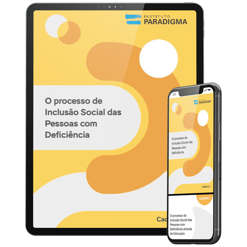 Tablet e celular com a capa do caderno O Processo de Inclusão Social das Pessoas com Deficiência.