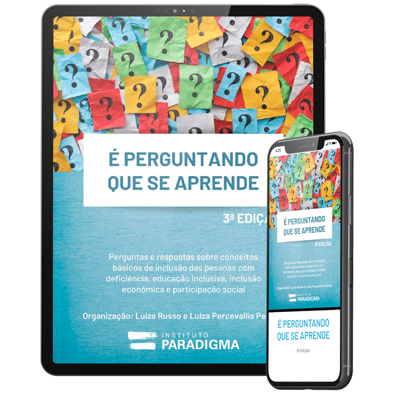 Celular e tablet com a capa do livro É Perguntando Que Se Aprende, 3ª edição.