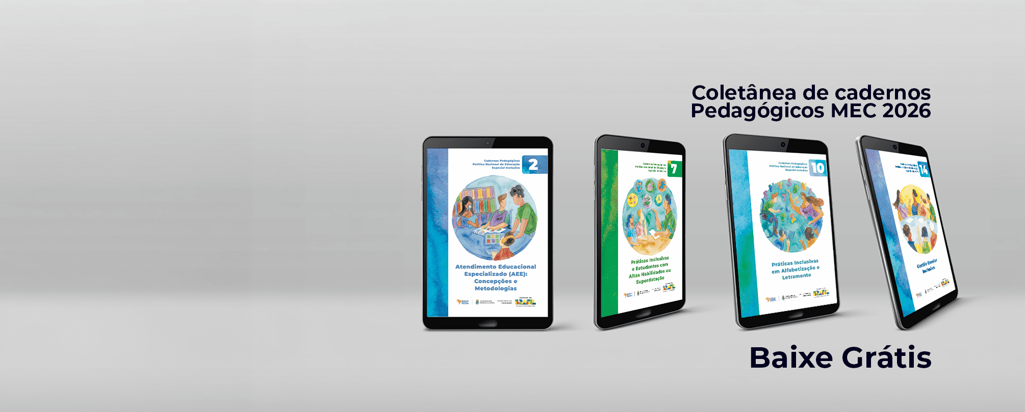 Banner 'Coletânea de cadernos Pedagógicos MEC 2026 - Baixe Grátis'. Quatro tablets exibem capas de cadernos sobre inclusão.