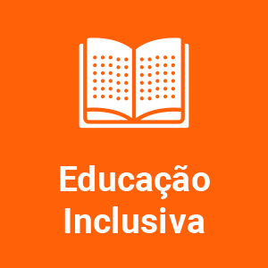 Arte em fundo laranja com um livro e o texto Educação Inclusiva