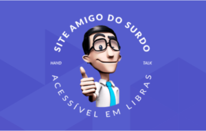 Em fundo azul, ilustração de Hugo, um homem branco de cabelos escuros e óculos usando camisa brancaa e gravata azul. Há o texto: Site amigo do surdo, acessível em libras