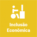 Em fundo amarelo, arte minimalista de um cadeirante em uma mesa com computador e o texto "Inclusão Econômica"