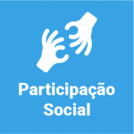 Em fundo azul, arte minimalista de duas mãos gesticulando em Libras com o texto Participação Social