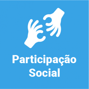 Em fundo azul, arte minimalista de duas mãos gesticulando em Libras com o texto Participação Social