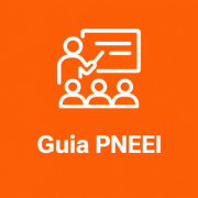 Ícone branco de professor diante de um quadro e três estudantes, sobre fundo laranja, com o texto “Guia PNEEI”.