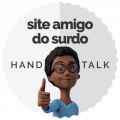 Selo de site amigo do surdo, com a interprete virtual Maya, da Hand Talk.